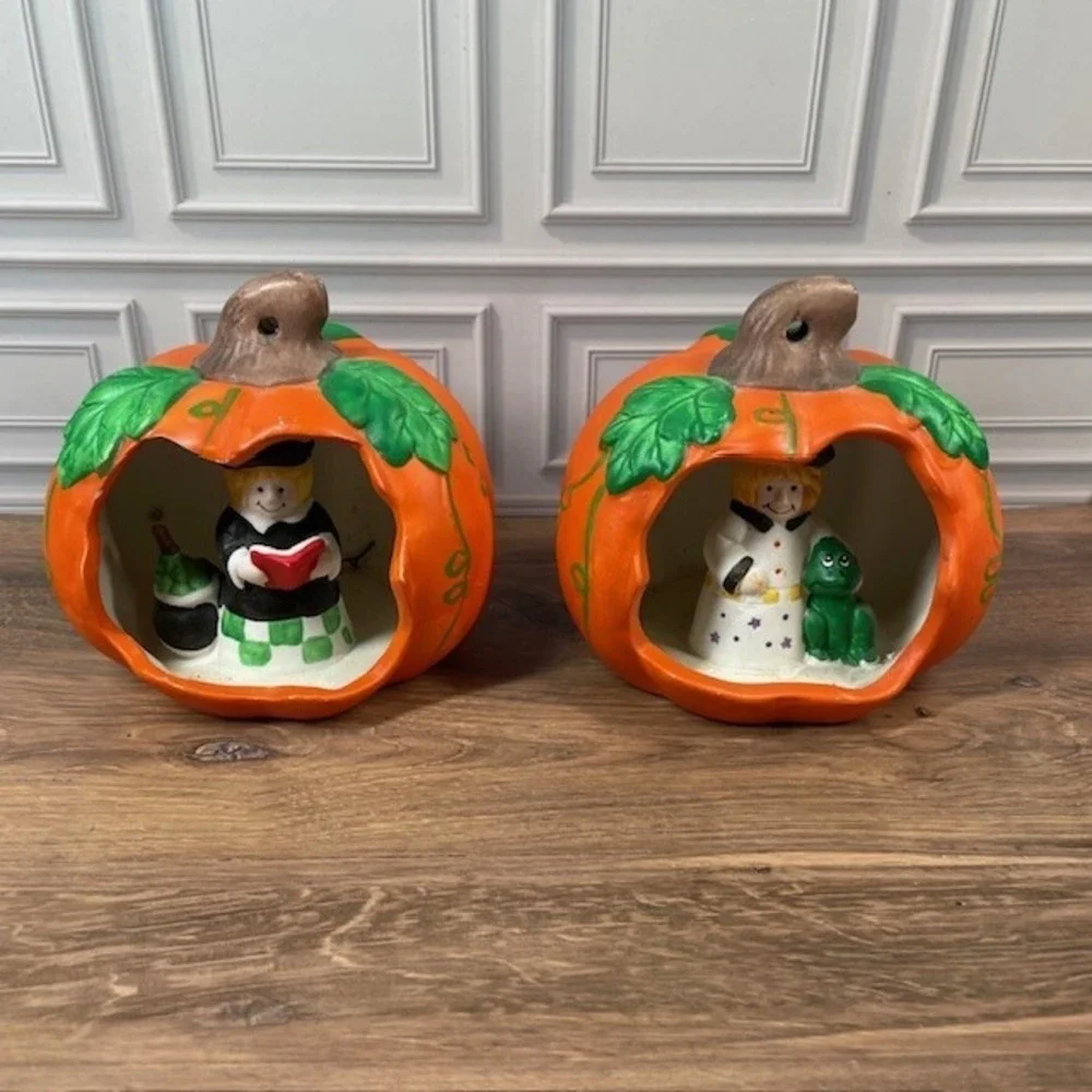 Vintage Ceramic Hand Painted Halloween Pumpkin Witch Toad Fall Decor Set of 2